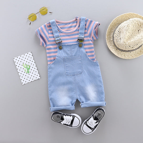 [variant_title] - Summer Children Baby Boy Girl Cotton Clothes Stripe T-Shirt Strap Shorts 2pcs/Sets Child Toddler Fashion Clothing Kid Tracksuits