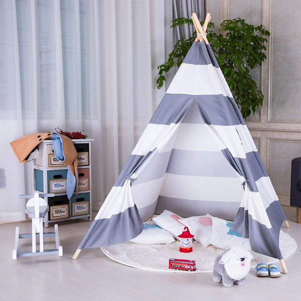 Grey Striped - Large Canvas Teepee Tent Kids Teepee Tipi with Grey Pom Poms Indian Play Tent House Children Tipi Tee Pee Tent NO MAT
