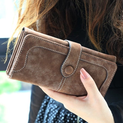 Brown - Many Departments Faux Suede Long Wallet Women Matte Leather Lady Purse High Quality Female Wallets Card Holder Clutch Carteras