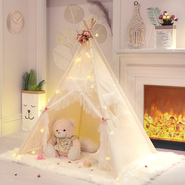 [variant_title] - Large Canvas Teepee Tent Kids Teepee Tipi with Grey Pom Poms Indian Play Tent House Children Tipi Tee Pee Tent NO MAT