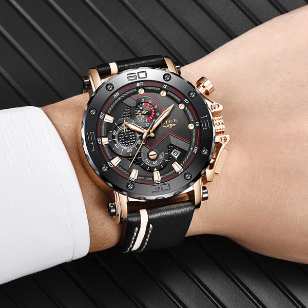 [variant_title] - 2019LIGE New Fashion Mens Watches Top Brand Luxury Big Dial Military Quartz Watch Leather Waterproof Sport Chronograph Watch Men