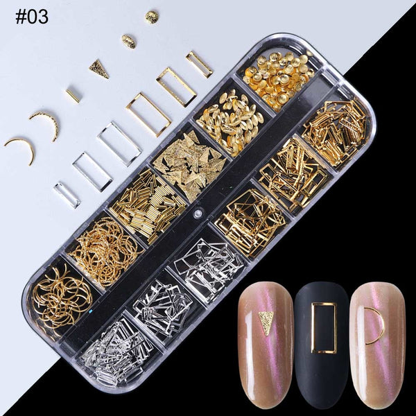 03 - 1Case Gold Silver Hollow 3D Nail Art Decorations Mix Metal Frame Nail Rivets Shiny Charm Strass Manicure Accessories Studs JI772