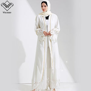 [variant_title] - Wechery White Black Muslim Dress Robe Hijab Islam Lace Floral Abaya Women Maxi Islamic Clothing Eid Mubarak Garments
