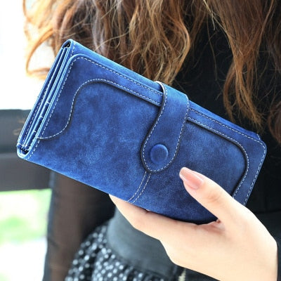 Dk Blue - Many Departments Faux Suede Long Wallet Women Matte Leather Lady Purse High Quality Female Wallets Card Holder Clutch Carteras