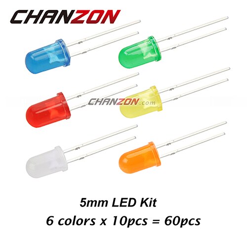 6 colors x 10pcs Mix - Diffused LED 5mm Light Emitting Diode Lamp Assorted Kit Set White Red Green Blue Yellow Orange Light-Emitting 20mA 2V 3V