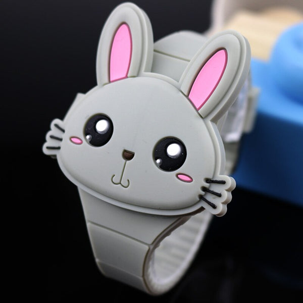 Gray - Lovely Rabbit Cartoon Children Watches Flip Cover Rubber Electronic Kids Watch for Boy Student Girls Clock Reloj Infantil Saati