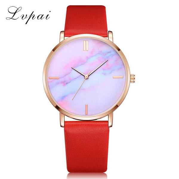 Red - 2018 Lvpai Brand Women Watches Luxury Leather Strip Marble Dial Dress Wristwatch Ladies Gift Quartz Clock Relogio feminino