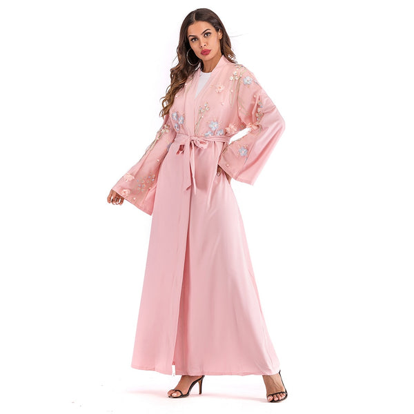 Pink / L - NEW Abaya Dubai Kaftan Arab Women Long Floral Muslim Kimono Cardigan Hijab Dress Turkish Elbise Mubarak Islamic Prayer Clothing