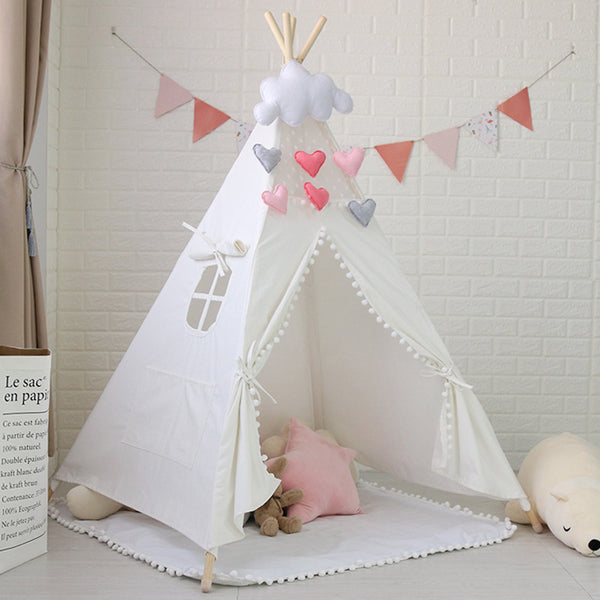 Pom Pom - Large Canvas Teepee Tent Kids Teepee Tipi with Grey Pom Poms Indian Play Tent House Children Tipi Tee Pee Tent NO MAT
