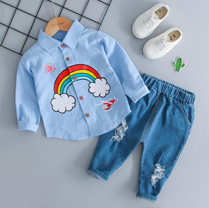 Blue / 12M - HYLKIDHUOSE Children Clothing Sets Autumn Baby Girl Boy Clothes Suits Rainbow Shirt Holes Jeans Infant Casual Kid Clothes Suits