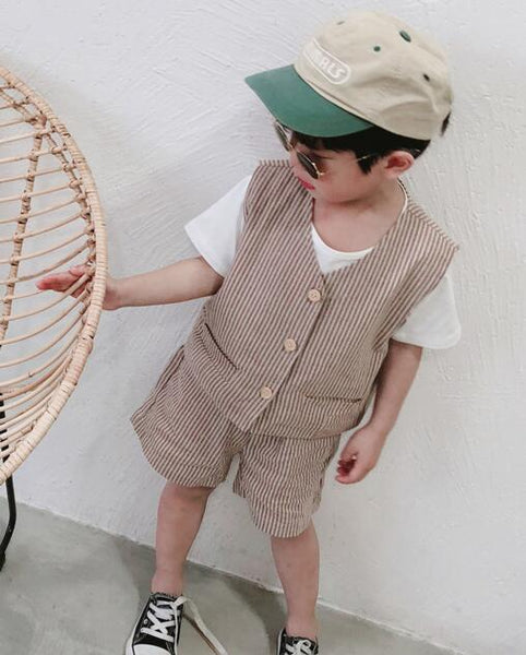 Khaki / 12M - Summer Korean style 2019 fashion boys vertical stripe Tooling wind clothes suits kids cotton linen vest+shorts 2pcs sets