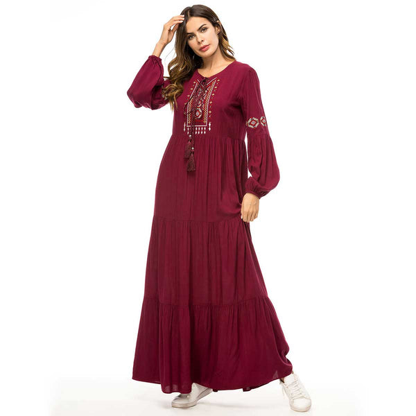 [variant_title] - 2019 Retro Ethnic Embroidery Maxi Dress Oversized Women Muslim Abaya Arabic Dubai Islamic UAE Pleated Robe Plus Size VKDR1447