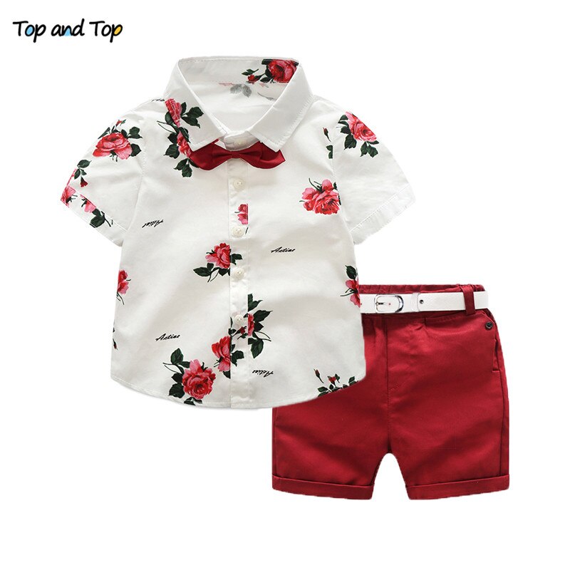 A / 2T - Top and Top boys clothing sets summer gentleman suits short sleeve shirt + shorts 2pcs kids clothes children clothing set