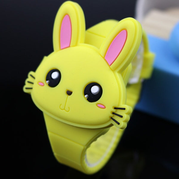 Yellow - Lovely Rabbit Cartoon Children Watches Flip Cover Rubber Electronic Kids Watch for Boy Student Girls Clock Reloj Infantil Saati