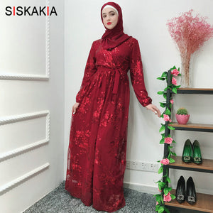 [variant_title] - Siskakia Fashion Muslim Abaya Dress Metal Color High Grade Lace Hot Stamp Dubai Robe Arab Islam Elegant Party Dress Summer 2019