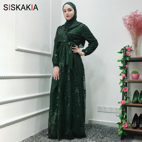 Green abaya / L - Siskakia Fashion Muslim Abaya Dress Metal Color High Grade Lace Hot Stamp Dubai Robe Arab Islam Elegant Party Dress Summer 2019