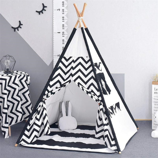 Black Chevron - Large Canvas Teepee Tent Kids Teepee Tipi with Grey Pom Poms Indian Play Tent House Children Tipi Tee Pee Tent NO MAT