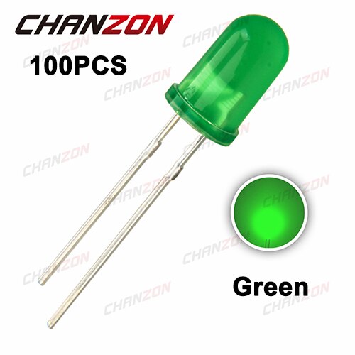 100pcs Green - Diffused LED 5mm Light Emitting Diode Lamp Assorted Kit Set White Red Green Blue Yellow Orange Light-Emitting 20mA 2V 3V