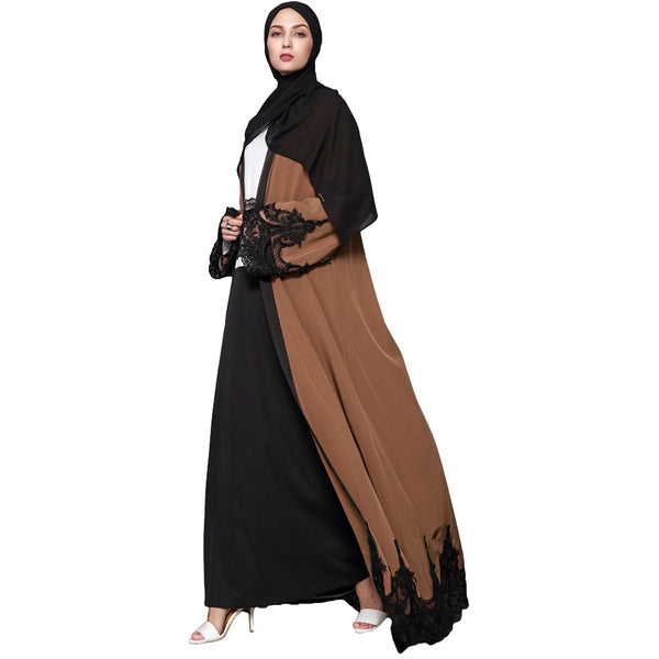 [variant_title] - 2019 New Fashion Women Muslim Cardigan Spliced Crochet Lace Long Wide Sleeve Islamic Abaya Maxi Dress Outwear Brown