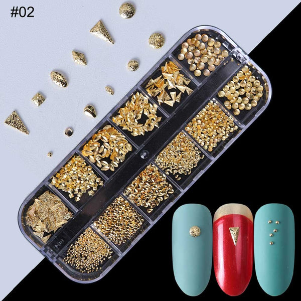 02 - 1Case Gold Silver Hollow 3D Nail Art Decorations Mix Metal Frame Nail Rivets Shiny Charm Strass Manicure Accessories Studs JI772