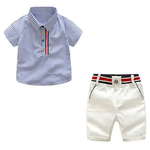 Blue / 2T - Tem Doger Little Boys Summer Outfits Stripe Short Sleeve Shirts + White Shorts 2 Piece Gentleman Clothes Suit