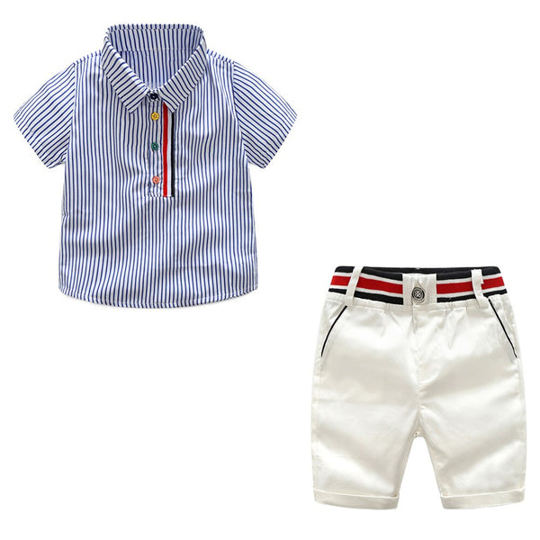 Blue / 2T - Tem Doger Little Boys Summer Outfits Stripe Short Sleeve Shirts + White Shorts 2 Piece Gentleman Clothes Suit