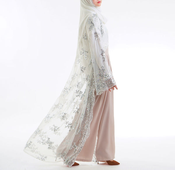 white / L - Embroidered Sequins Muslim Dress Abaya Islamic Women Malaysia Jilbab Djellaba Robe Musulmane Turkish Baju Open Kimono Kaftan
