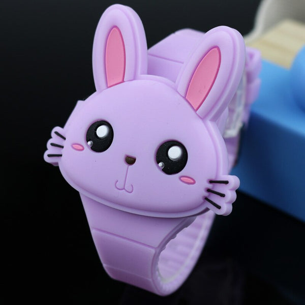 Purple - Lovely Rabbit Cartoon Children Watches Flip Cover Rubber Electronic Kids Watch for Boy Student Girls Clock Reloj Infantil Saati