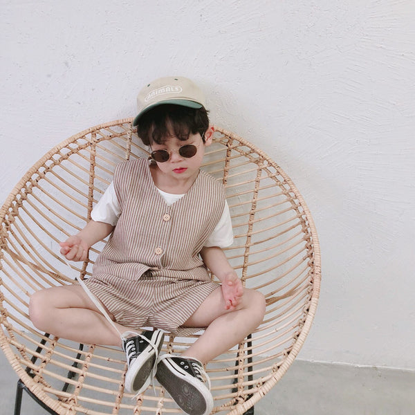 [variant_title] - Summer Korean style 2019 fashion boys vertical stripe Tooling wind clothes suits kids cotton linen vest+shorts 2pcs sets