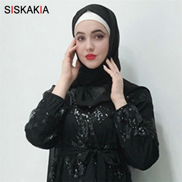 Black scarf / L - Siskakia Fashion Muslim Abaya Dress Metal Color High Grade Lace Hot Stamp Dubai Robe Arab Islam Elegant Party Dress Summer 2019
