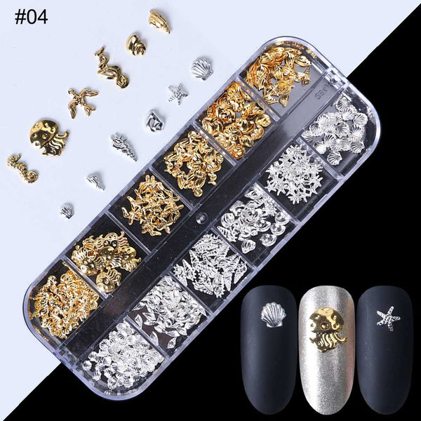 04 - 1Case Gold Silver Hollow 3D Nail Art Decorations Mix Metal Frame Nail Rivets Shiny Charm Strass Manicure Accessories Studs JI772