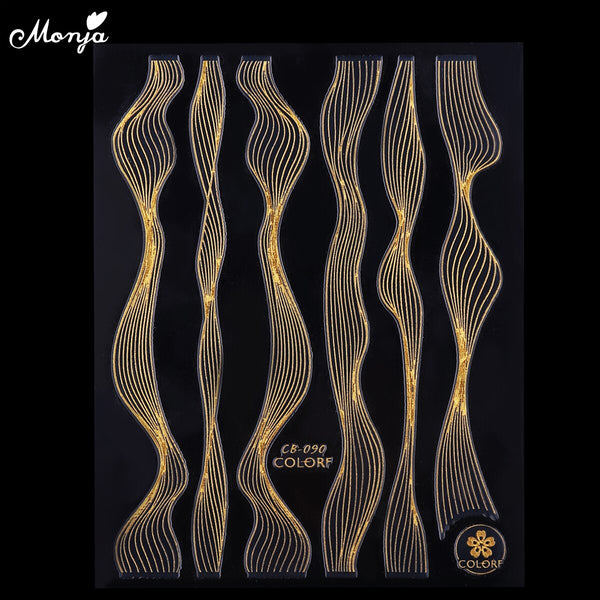 Gold - Monja Nail Art Sticker Laser Gold Metal Stripe Wave Line Tape Self-Adhesive Transfer Foils 3D DIY Decal Manicure Tips Decoration