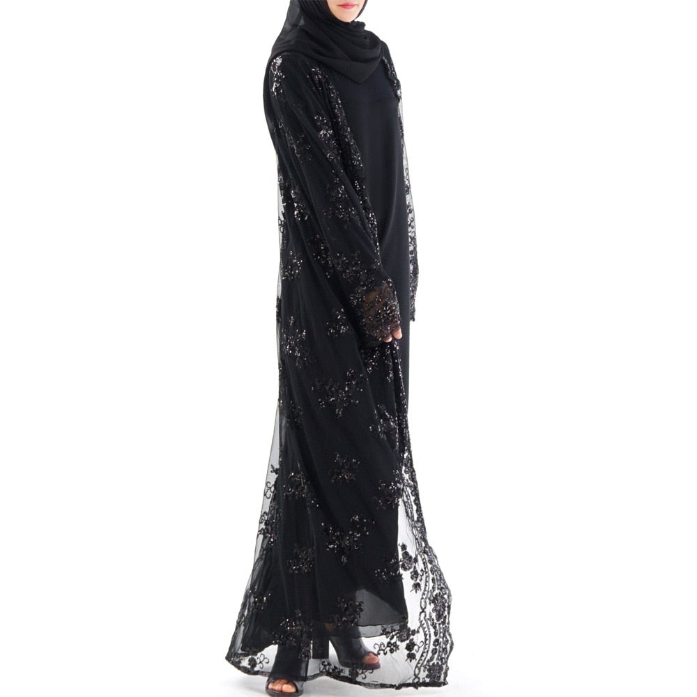 black / L - Embroidered Sequins Muslim Dress Abaya Islamic Women Malaysia Jilbab Djellaba Robe Musulmane Turkish Baju Open Kimono Kaftan