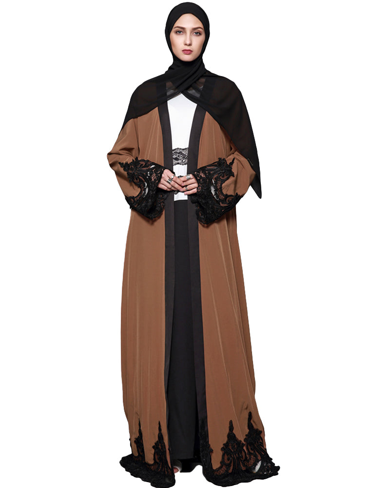 Brown / L - 2019 New Fashion Women Muslim Cardigan Spliced Crochet Lace Long Wide Sleeve Islamic Abaya Maxi Dress Outwear Brown