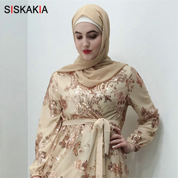 Champagne scarf / L - Siskakia Fashion Muslim Abaya Dress Metal Color High Grade Lace Hot Stamp Dubai Robe Arab Islam Elegant Party Dress Summer 2019