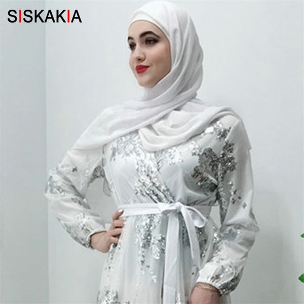 White scarf / L - Siskakia Fashion Muslim Abaya Dress Metal Color High Grade Lace Hot Stamp Dubai Robe Arab Islam Elegant Party Dress Summer 2019