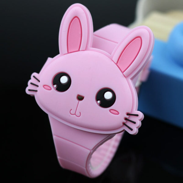 Pink - Lovely Rabbit Cartoon Children Watches Flip Cover Rubber Electronic Kids Watch for Boy Student Girls Clock Reloj Infantil Saati