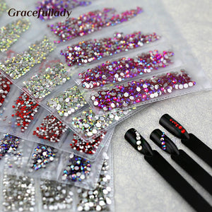 [variant_title] - Multi-size Glass Nail Rhinestones For Nails Art Decorations Crystals Strass Charms Partition Mixed Size Rhinestone Set