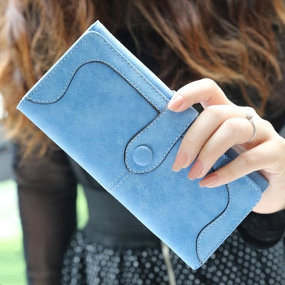 Blue - Many Departments Faux Suede Long Wallet Women Matte Leather Lady Purse High Quality Female Wallets Card Holder Clutch Carteras