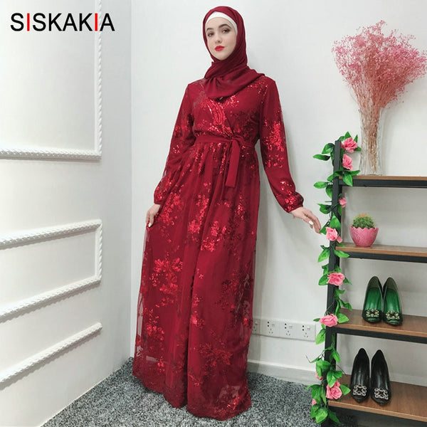 Burgundy dress / L - Siskakia Fashion Muslim Abaya Dress Metal Color High Grade Lace Hot Stamp Dubai Robe Arab Islam Elegant Party Dress Summer 2019