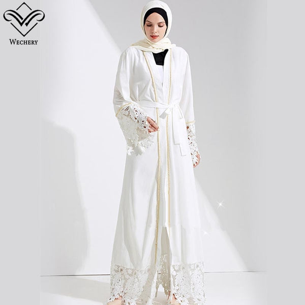 White / L - Wechery White Black Muslim Dress Robe Hijab Islam Lace Floral Abaya Women Maxi Islamic Clothing Eid Mubarak Garments