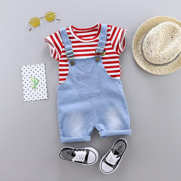 JG tiaowen Red / 12M - Summer Children Baby Boy Girl Cotton Clothes Stripe T-Shirt Strap Shorts 2pcs/Sets Child Toddler Fashion Clothing Kid Tracksuits