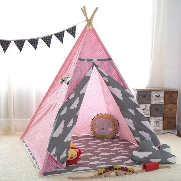 Pink Dot - Large Canvas Teepee Tent Kids Teepee Tipi with Grey Pom Poms Indian Play Tent House Children Tipi Tee Pee Tent NO MAT