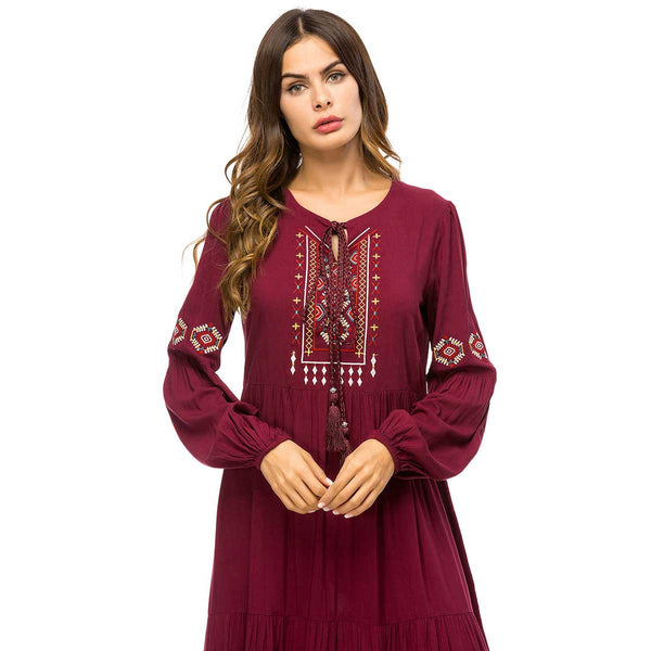[variant_title] - 2019 Retro Ethnic Embroidery Maxi Dress Oversized Women Muslim Abaya Arabic Dubai Islamic UAE Pleated Robe Plus Size VKDR1447