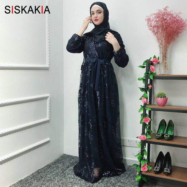 Navy blue abaya / L - Siskakia Fashion Muslim Abaya Dress Metal Color High Grade Lace Hot Stamp Dubai Robe Arab Islam Elegant Party Dress Summer 2019