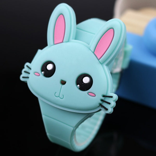 Mint Green - Lovely Rabbit Cartoon Children Watches Flip Cover Rubber Electronic Kids Watch for Boy Student Girls Clock Reloj Infantil Saati
