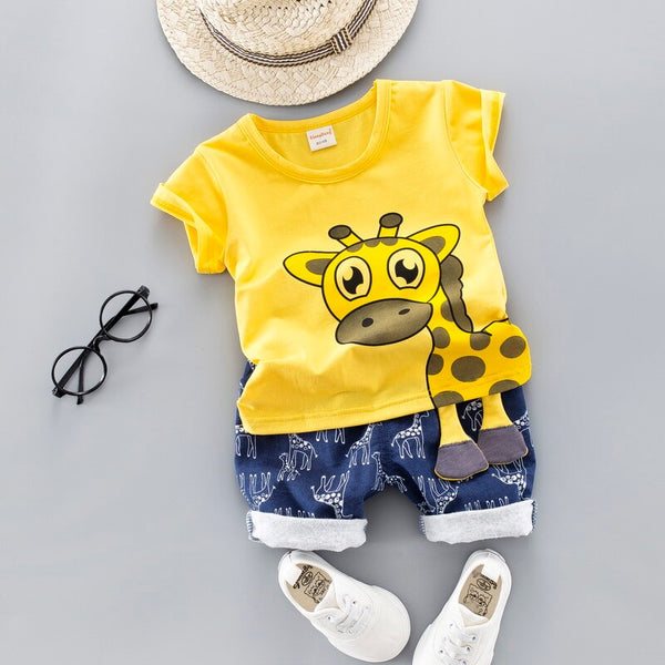 Yellow / 12M - Baby Clothing Set for Boys Girls 2019 Cute Summer Casual Clothes Set Giraffe Top Blue Shorts Suits Kids Clothes 1-4 Years