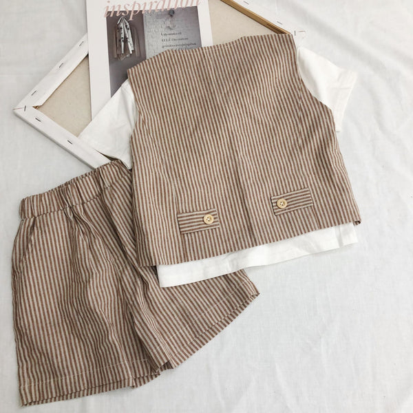 [variant_title] - Summer Korean style 2019 fashion boys vertical stripe Tooling wind clothes suits kids cotton linen vest+shorts 2pcs sets