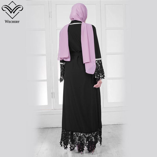 [variant_title] - Wechery White Black Muslim Dress Robe Hijab Islam Lace Floral Abaya Women Maxi Islamic Clothing Eid Mubarak Garments