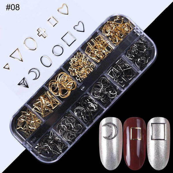 08 - 1Case Gold Silver Hollow 3D Nail Art Decorations Mix Metal Frame Nail Rivets Shiny Charm Strass Manicure Accessories Studs JI772